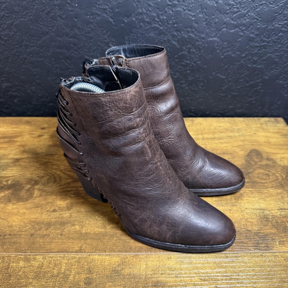Dolce Vita Brown Leather Cage Back Ankle Booties Size 8 Pointed Toe Block Heel